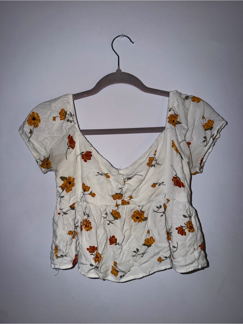 La Hearts Cream Peplum Top with Yellow and Rust Floral Print